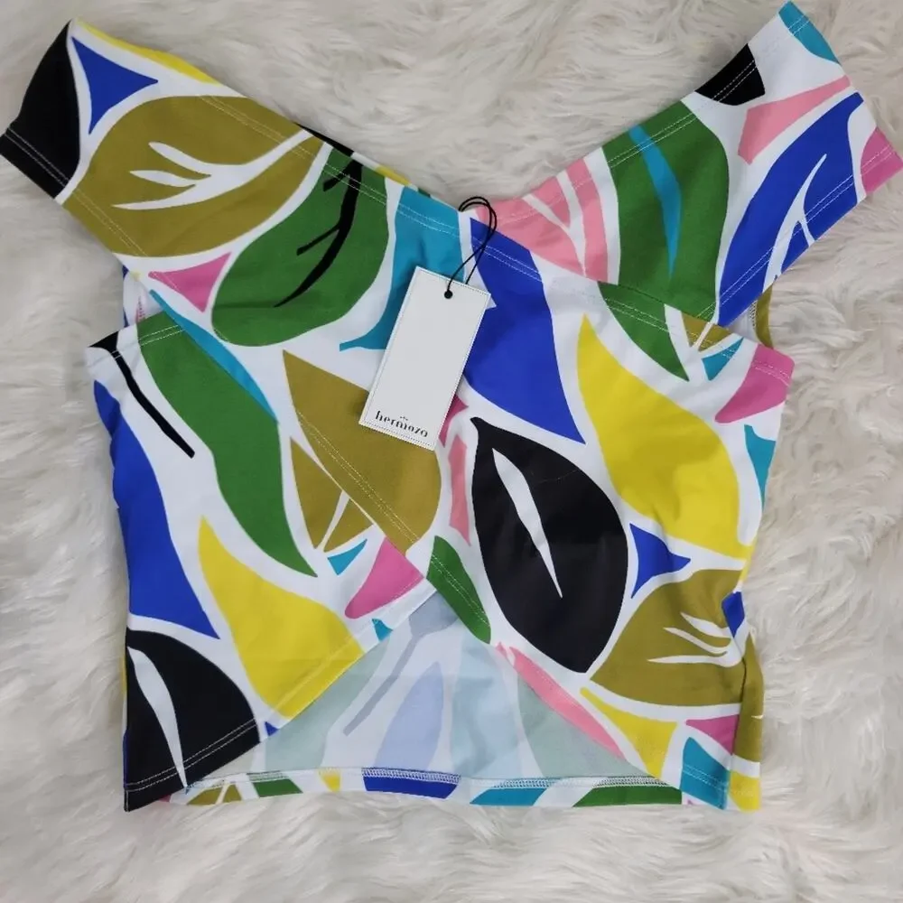 HERMOZA Green Blue Abstract Leafy Print Off Shoulder Swim Top Crisscross Beachy